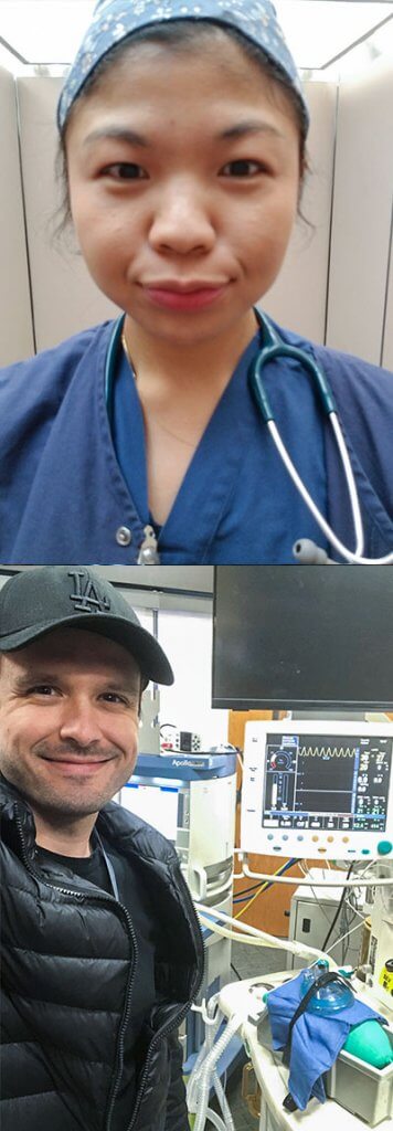 a male nurse and female nurse in hospital scrubs smiling      niur